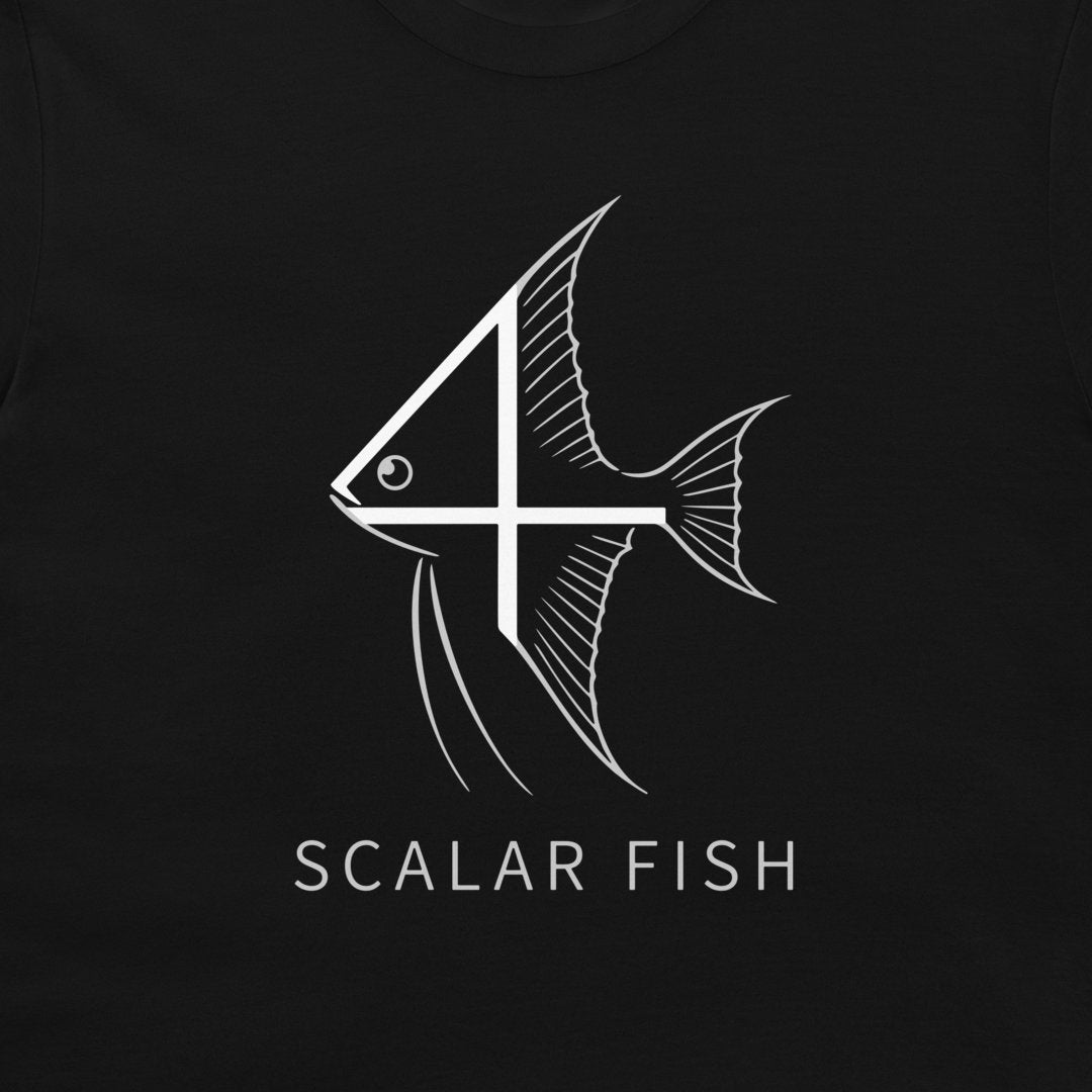 A close-up of a black t-shirt, featuring a white graphic of a stylized fish with the text 'SCALAR FISH' printed below it.