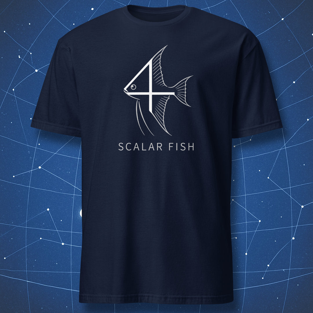 Navy blue T-shirt featuring geometric scalar fish math pun graphic with angelfish silhouette