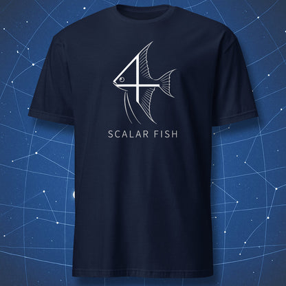 Navy blue T-shirt featuring geometric scalar fish math pun graphic with angelfish silhouette
