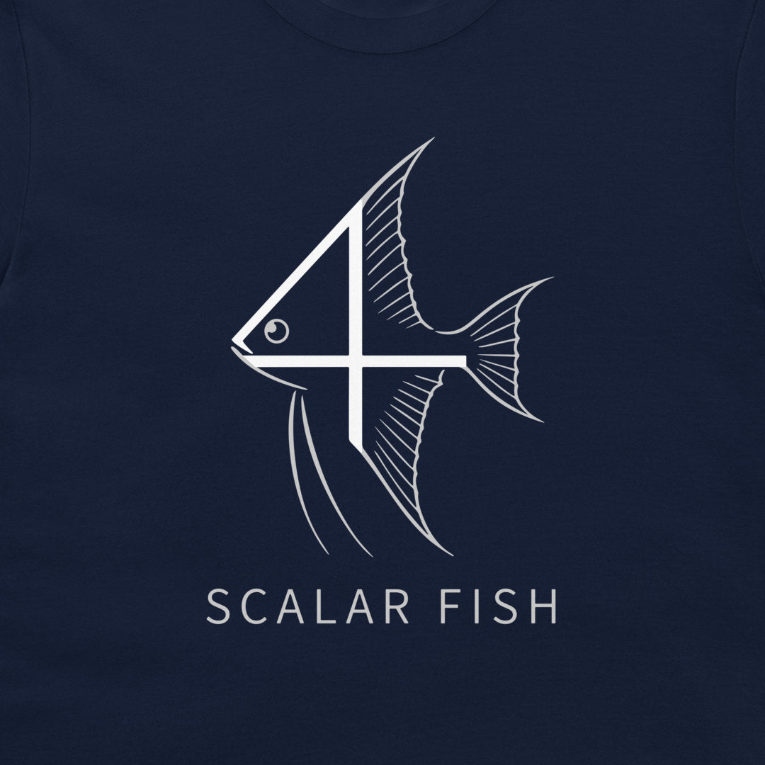 A close-up of a navy blue t-shirt, featuring a white graphic of a stylized fish with a number 4 intersecting its body, and the text 'SCALAR FISH' printed below in white.