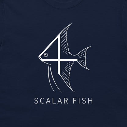 A close-up of a navy blue t-shirt, featuring a white graphic of a stylized fish with a number 4 intersecting its body, and the text 'SCALAR FISH' printed below in white.