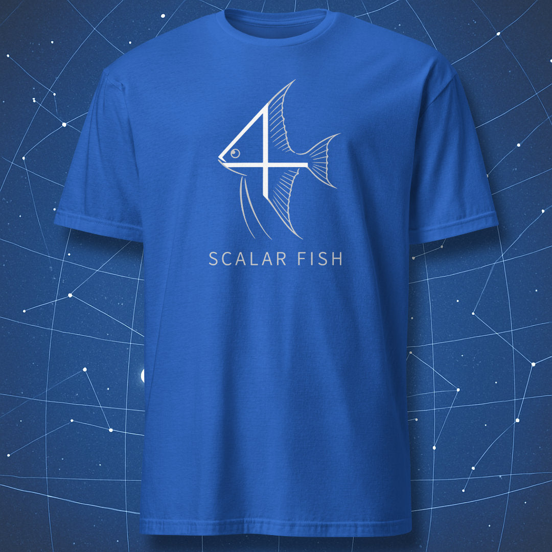 Royal blue science humor shirt with minimalist scalar fish vector illustration