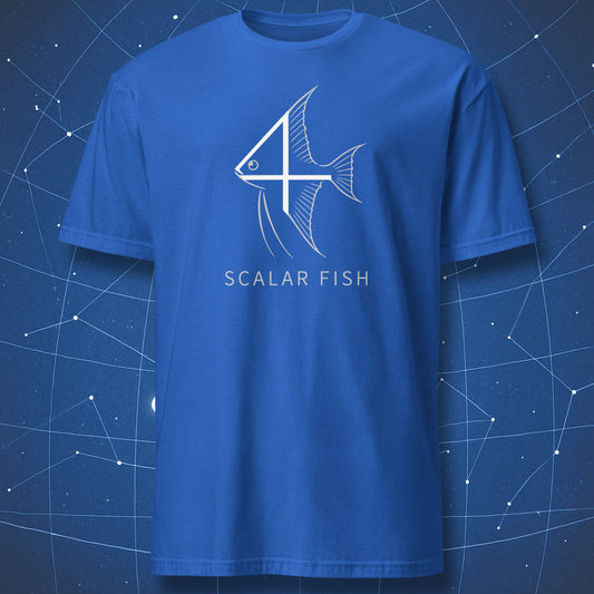 Royal blue science humor shirt with minimalist scalar fish vector illustration