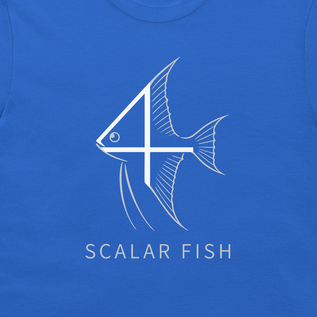 A close-up of a royal blue t-shirt, featuring a white graphic of a stylized fish with a number 4 intersecting its body, and the text 'SCALAR FISH' printed below in white.