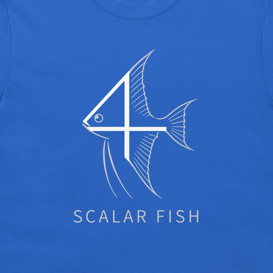 A close-up of a royal blue t-shirt, featuring a white graphic of a stylized fish with a number 4 intersecting its body, and the text 'SCALAR FISH' printed below in white.
