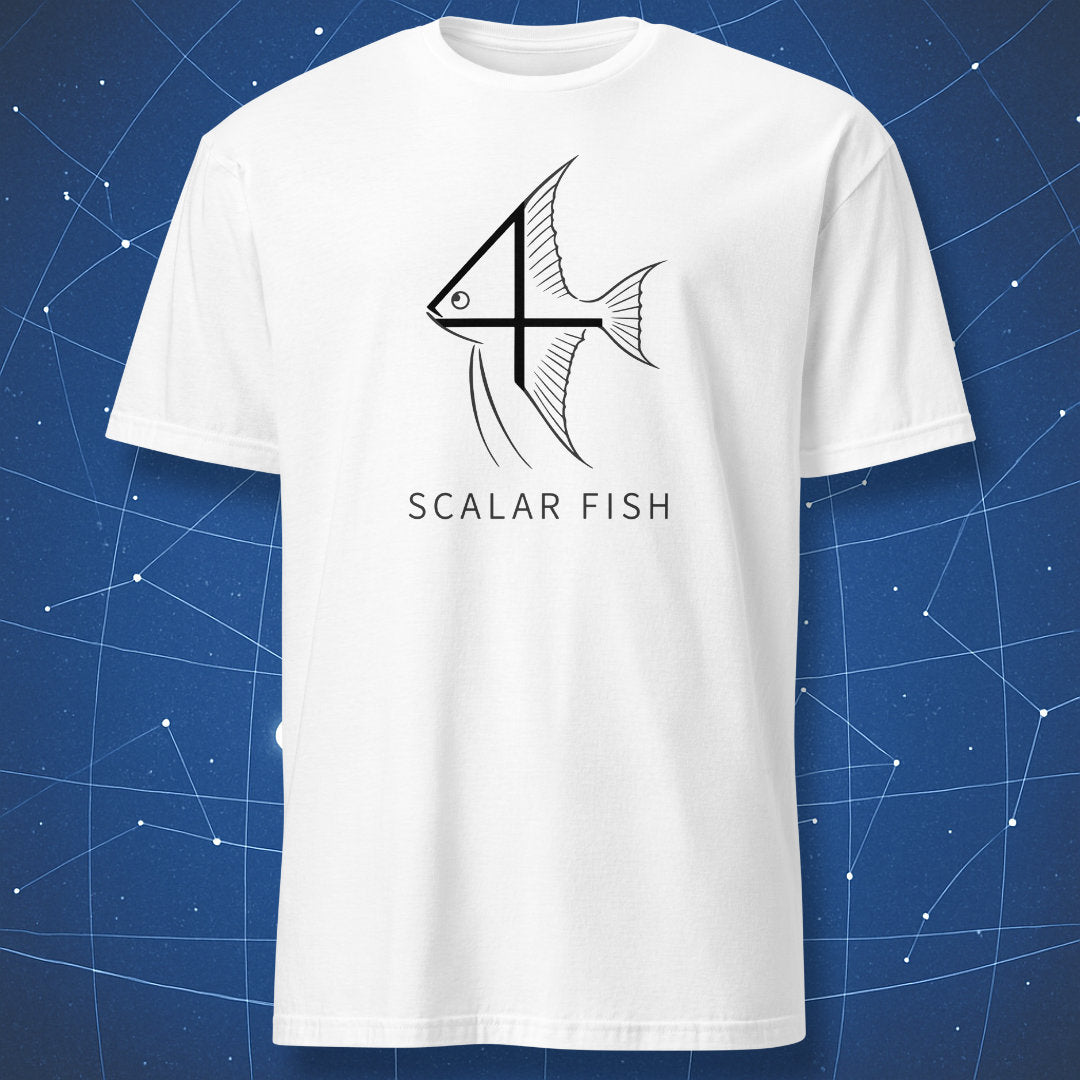 White T-shirt with black scalar fish graphic combining number 4 and angelfish design