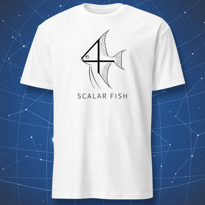 White T-shirt with black scalar fish graphic combining number 4 and angelfish design