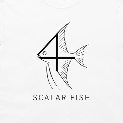 A close-up of a white t-shirt, featuring a white graphic of a stylized fish with a number 4 intersecting its body, and the text 'SCALAR FISH' printed below in black.