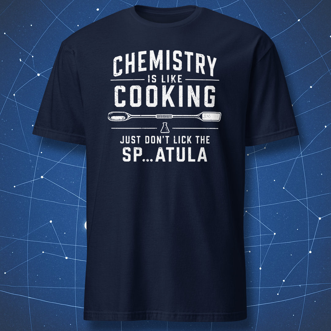 Navy T-shirt with funny chemistry spatula design