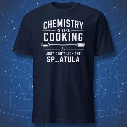 Navy T-shirt with funny chemistry spatula design