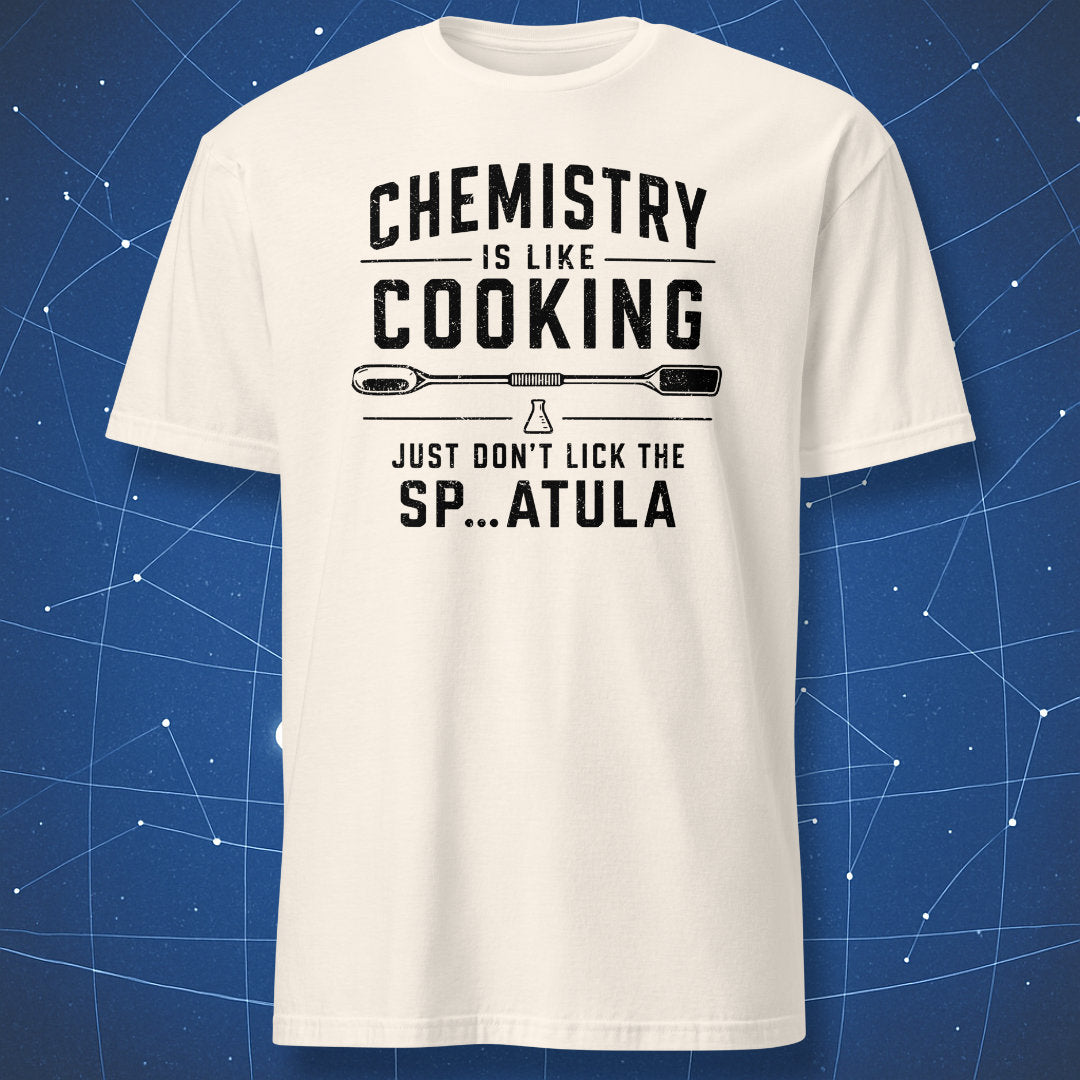 Natural T-shirt with funny chemistry spatula design
