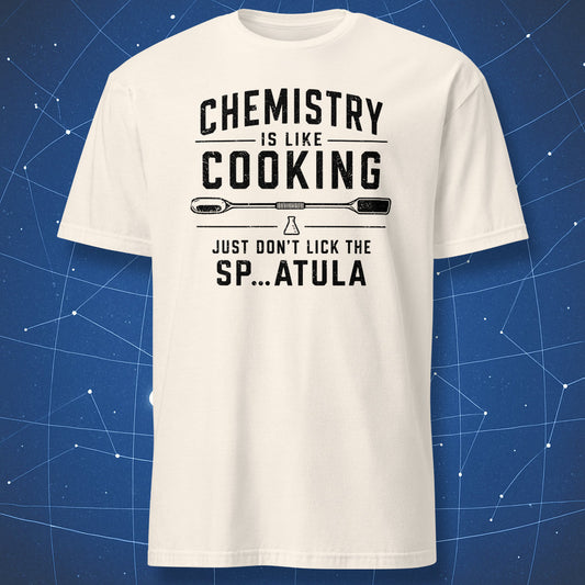 Natural T-shirt with funny chemistry spatula design
