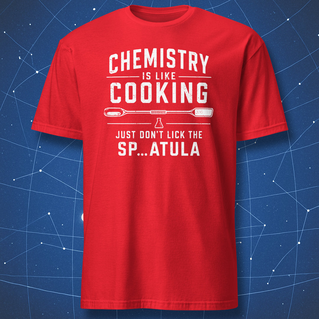 Red T-shirt with funny chemistry spatula design