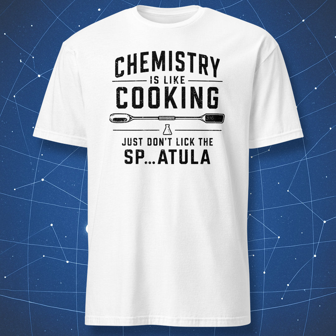 White T-shirt with funny chemistry spatula design