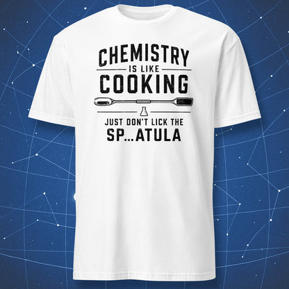 White T-shirt with funny chemistry spatula design