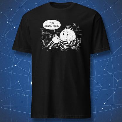 Black T-shirt with funny quantum tunneling prison particle design