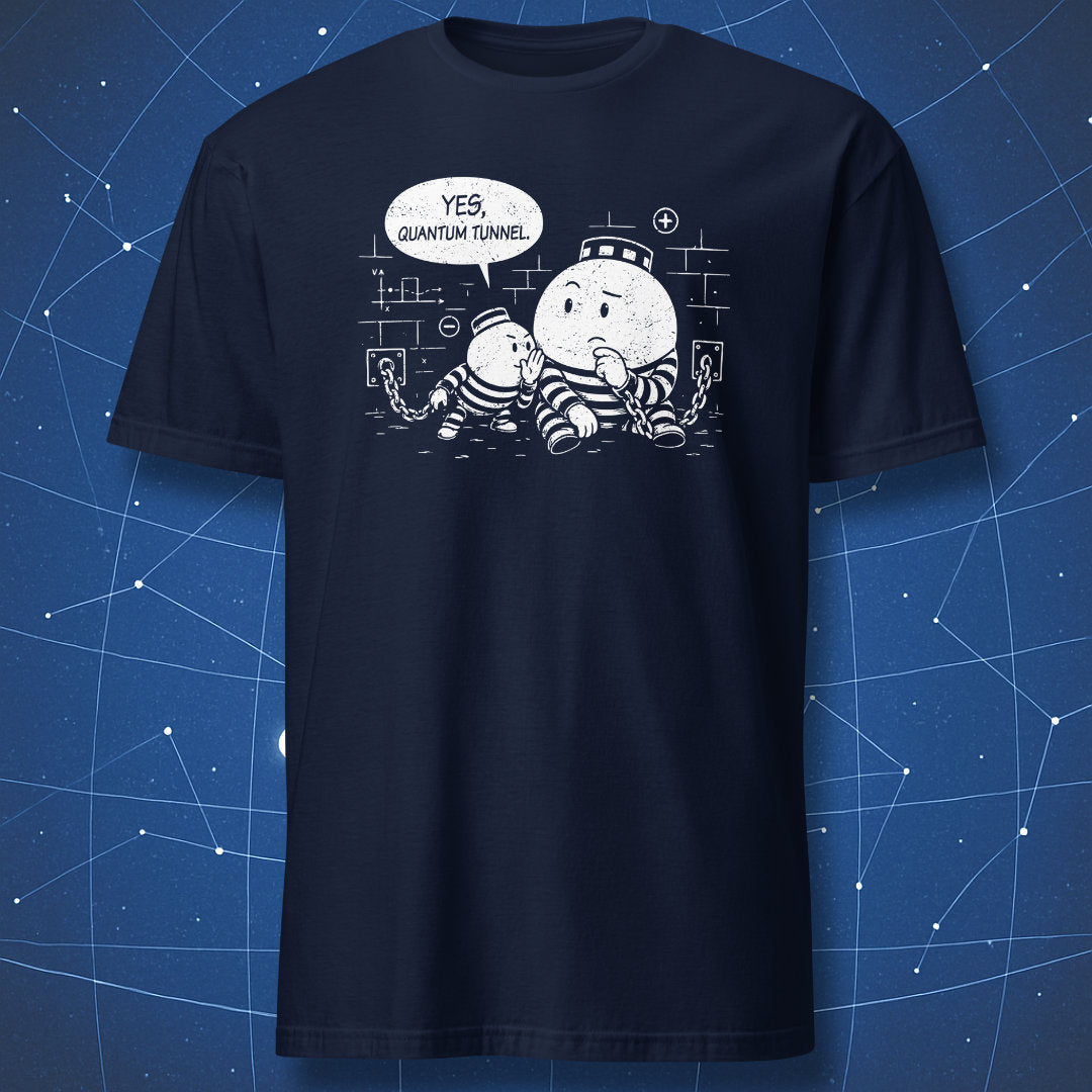 Navy T-shirt with funny quantum tunneling physics cartoon