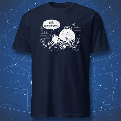 Navy T-shirt with funny quantum tunneling physics cartoon