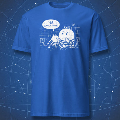 Royal blue T-shirt with quantum mechanics joke design