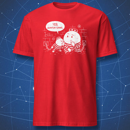 Red T-shirt with imprisoned particles quantum tunnel graphic