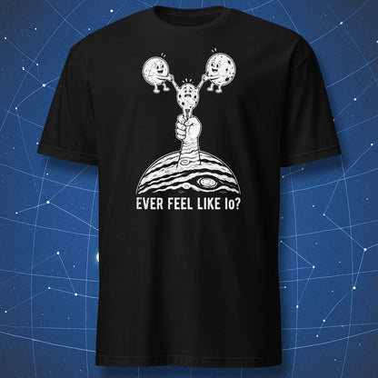 Black T-shirt with cartoon Jupiter, Io, Europa and Ganymede astronomy design and text Ever Feel Like Io?
