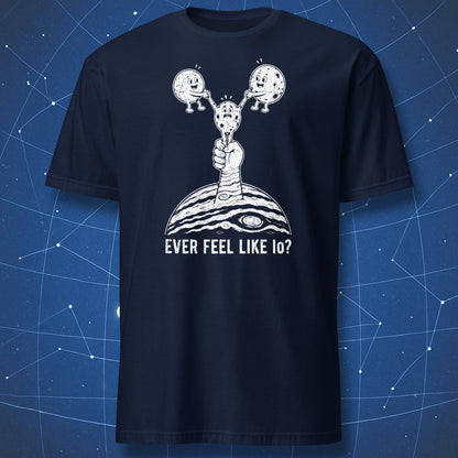 Navy blue T-shirt with cartoon Jupiter, Io, Europa and Ganymede astronomy design and text Ever Feel Like Io?
