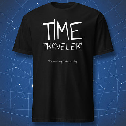 Minimalist Time Traveler science humor t-shirt on black shirt