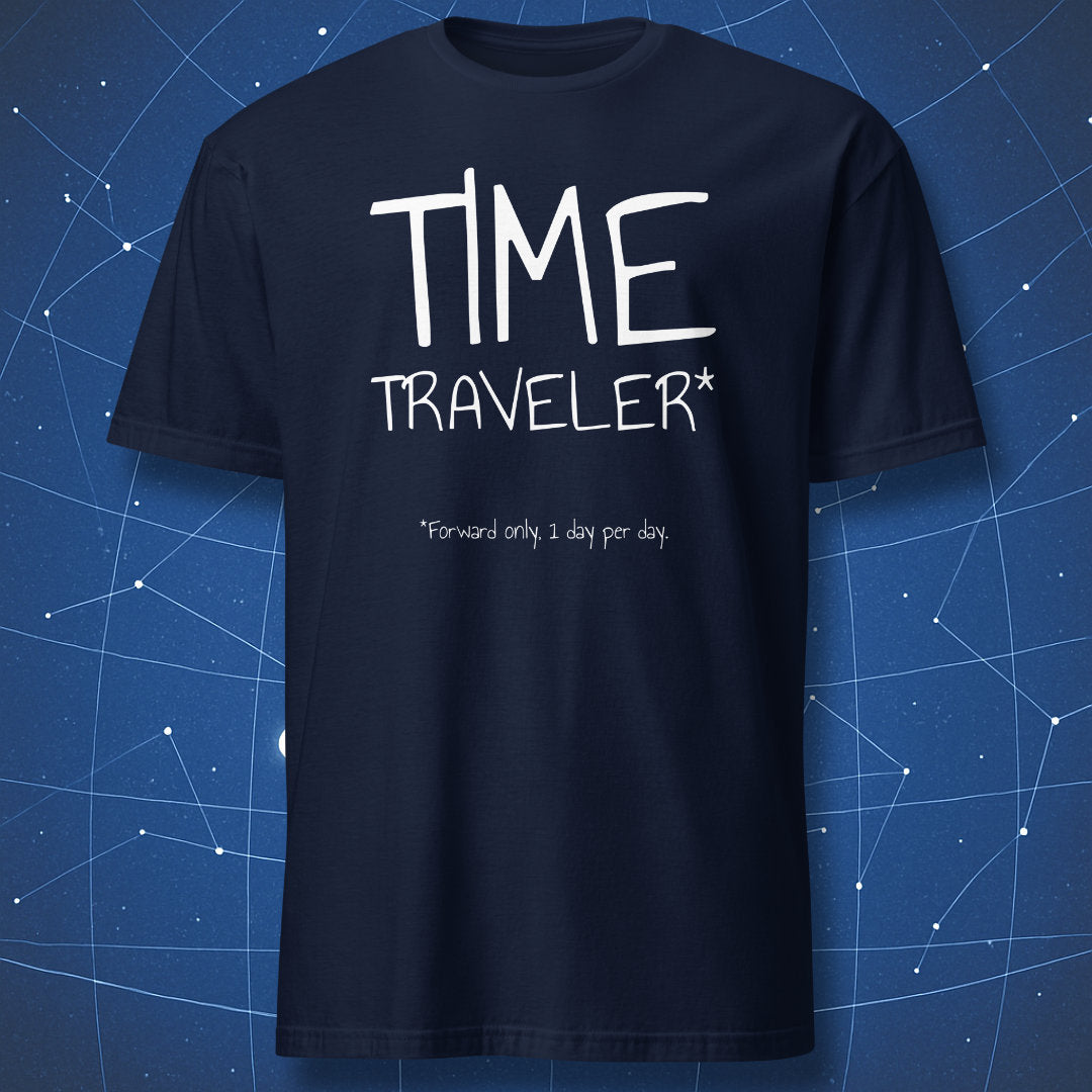 Time Traveler forward only nerd humor t-shirt on navy shirt
