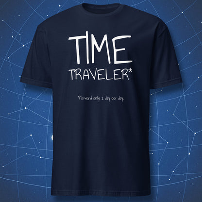 Time Traveler forward only nerd humor t-shirt on navy shirt