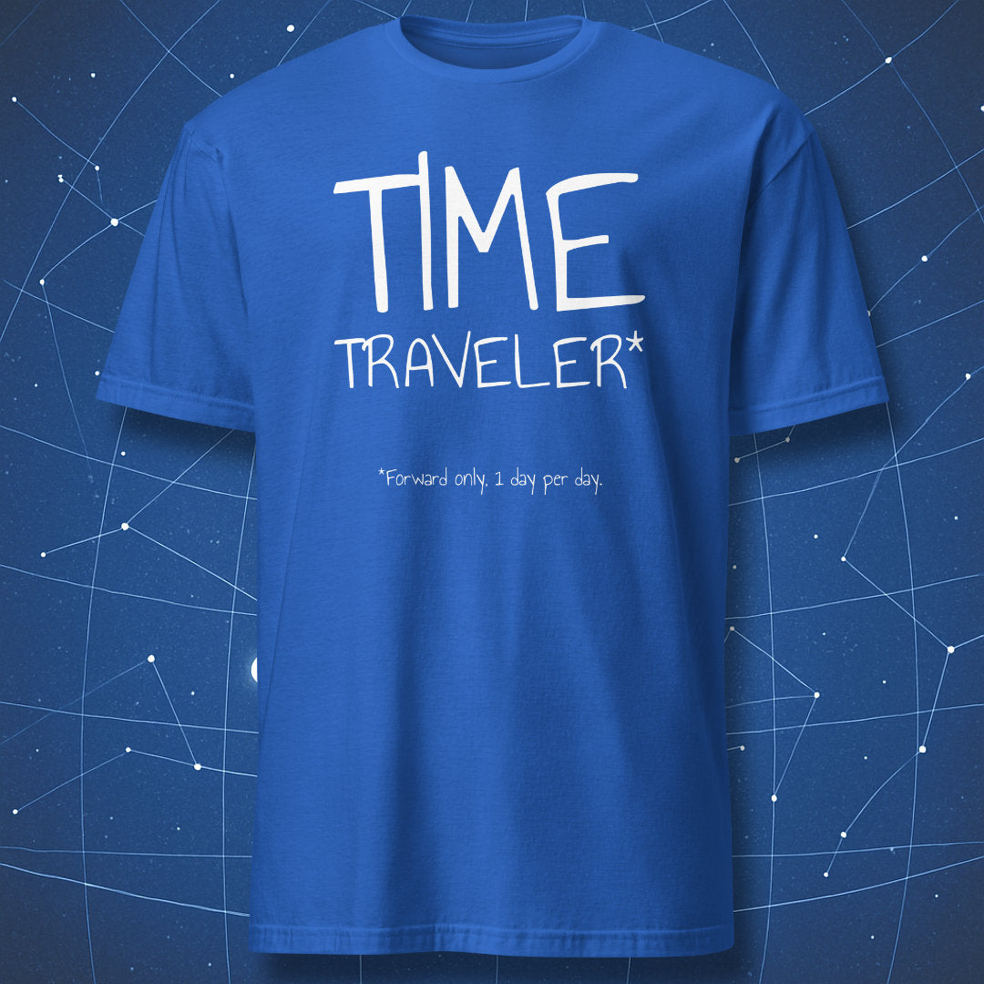 Funny physics Time Traveler t-shirt on royal blue shirt