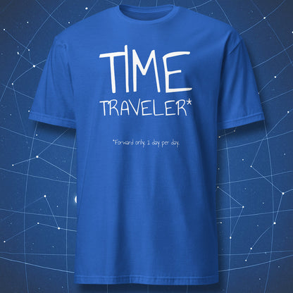 Funny physics Time Traveler t-shirt on royal blue shirt