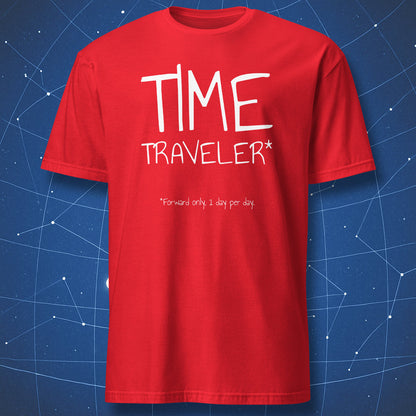 Minimalist sci-fi joke Time Traveler t-shirt on red shirt