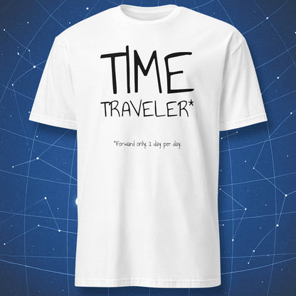 Time Traveler forward only typography t-shirt on white shirt