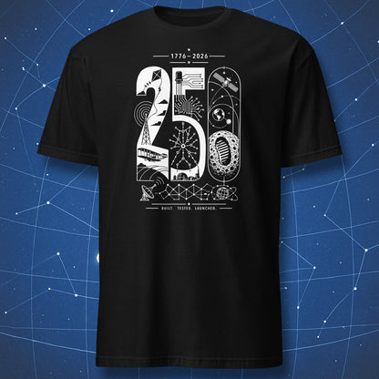 Minimalist 250 years of innovation t-shirt featuring Apollo Moon landing, transistor circuits, satellites, and engineering symbols in white geometric design on black shirt.