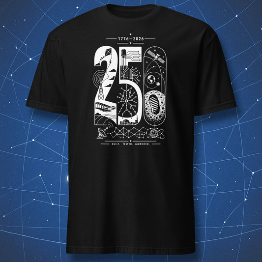 Minimalist 250 years of innovation t-shirt featuring Apollo Moon landing, transistor circuits, satellites, and engineering symbols in white geometric design on black shirt.
