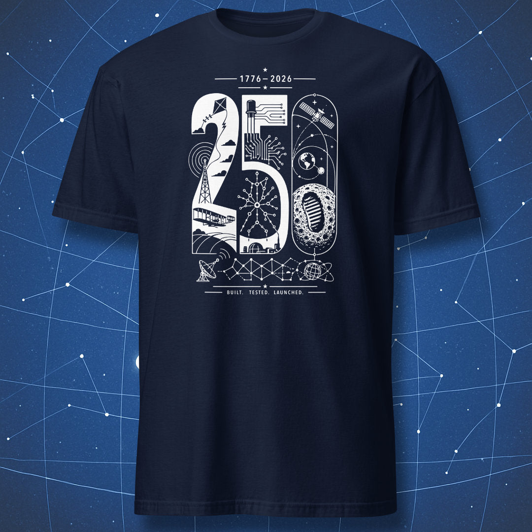 Minimalist 250 years of innovation t-shirt featuring Apollo Moon landing, transistor circuits, satellites, and engineering symbols in white geometric design on navy shirt.