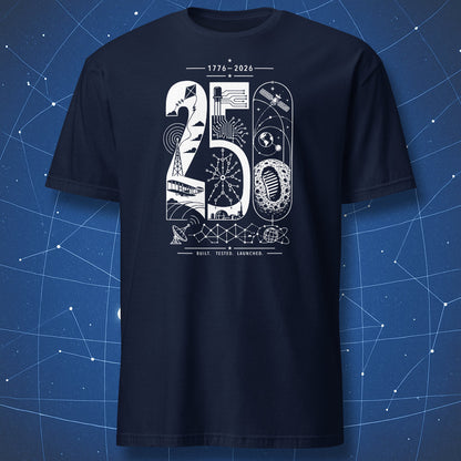Minimalist 250 years of innovation t-shirt featuring Apollo Moon landing, transistor circuits, satellites, and engineering symbols in white geometric design on navy shirt.