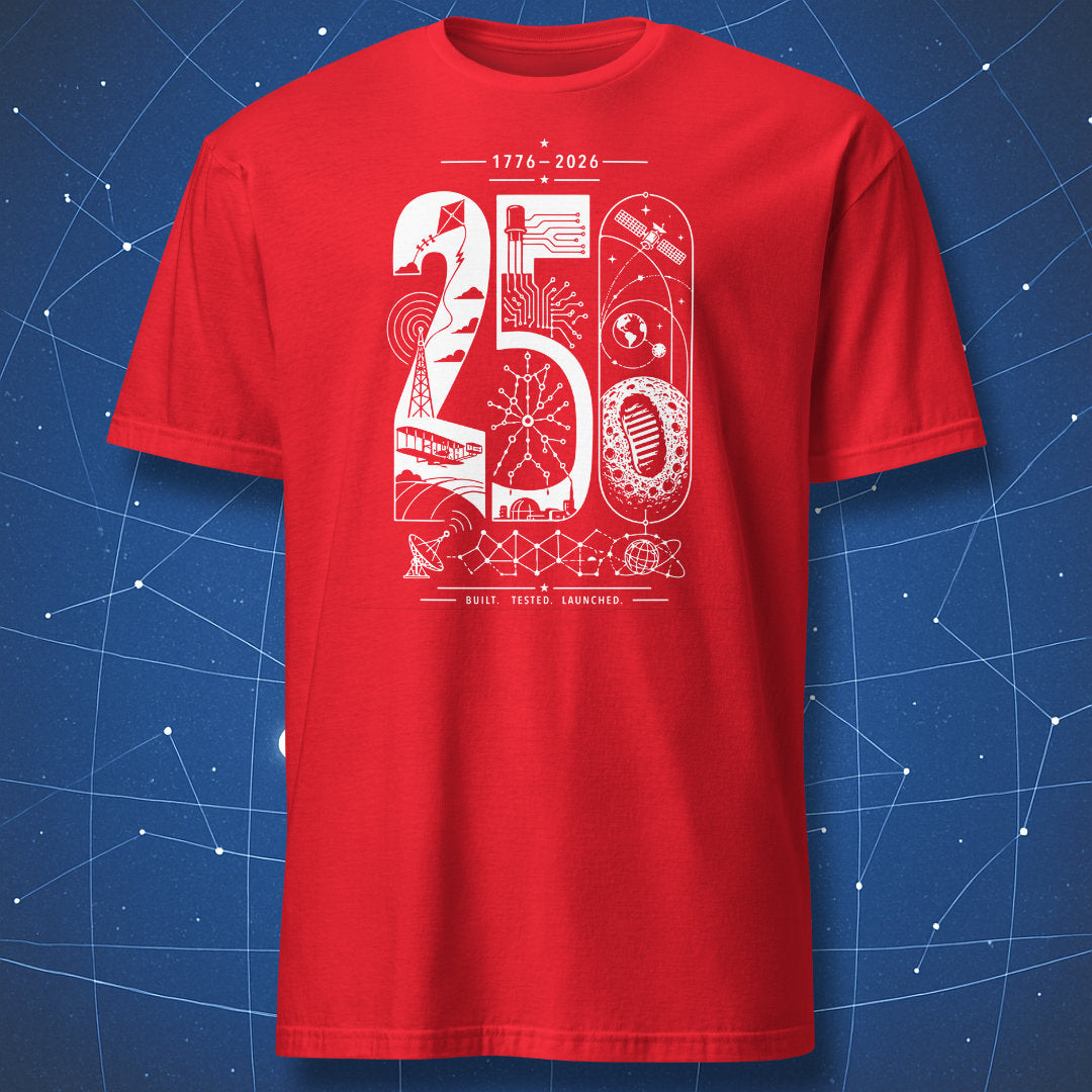 Minimalist 250 years of innovation t-shirt featuring Apollo Moon landing, transistor circuits, satellites, and engineering symbols in white geometric design on red shirt.