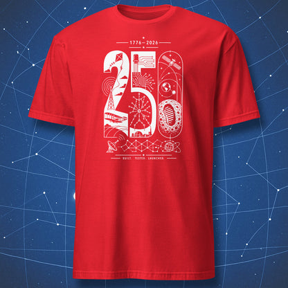 Minimalist 250 years of innovation t-shirt featuring Apollo Moon landing, transistor circuits, satellites, and engineering symbols in white geometric design on red shirt.