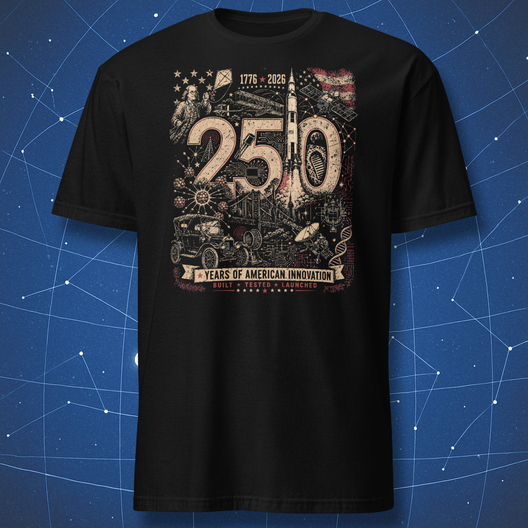 Vintage 250 years of American innovation t-shirt featuring Apollo rocket, Moon bootprint, Benjamin Franklin kite experiment, satellites, and retro technology collage on black shirt.