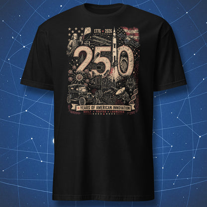 Vintage 250 years of American innovation t-shirt featuring Apollo rocket, Moon bootprint, Benjamin Franklin kite experiment, satellites, and retro technology collage on black shirt.