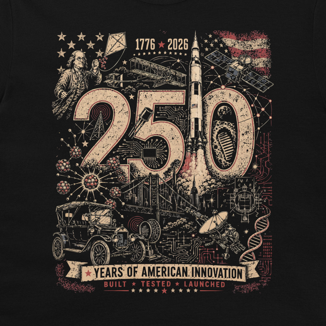 A black graphic t-shirt featuring a detailed vintage-style print celebrating the 250th anniversary of American innovation, with illustrations of a rocket, car, bridge, stars, and DNA helixes around large '250' text.