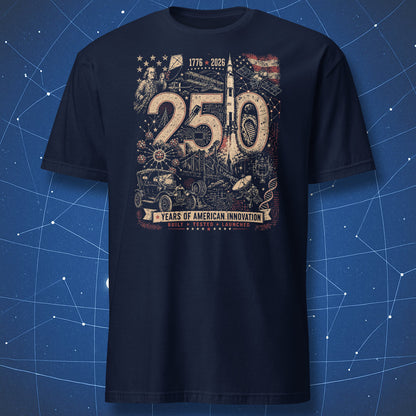 Vintage 250 years of American innovation t-shirt featuring Apollo rocket, Moon bootprint, Benjamin Franklin kite experiment, satellites, and retro technology collage on navy shirt.