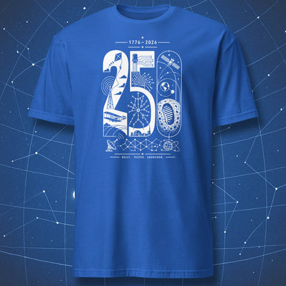 Minimalist 250 years of innovation t-shirt featuring Apollo Moon landing, transistor circuits, satellites, and engineering symbols in white geometric design on royal blue shirt.
