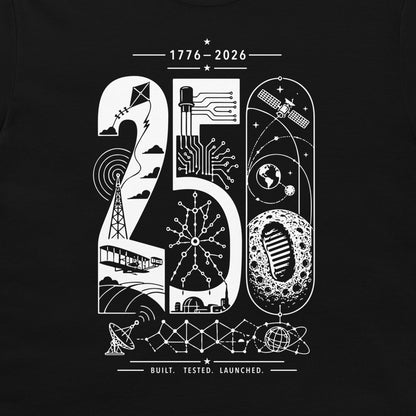 A black t-shirt featuring a white graphic print celebrating the 25th anniversary (2026 - 1776). The graphic is styled as large numbers '250' filled with various technology and space-themed illustrations, including a satellite, a rocket, a microchip circuit, a train, and a moon crater.