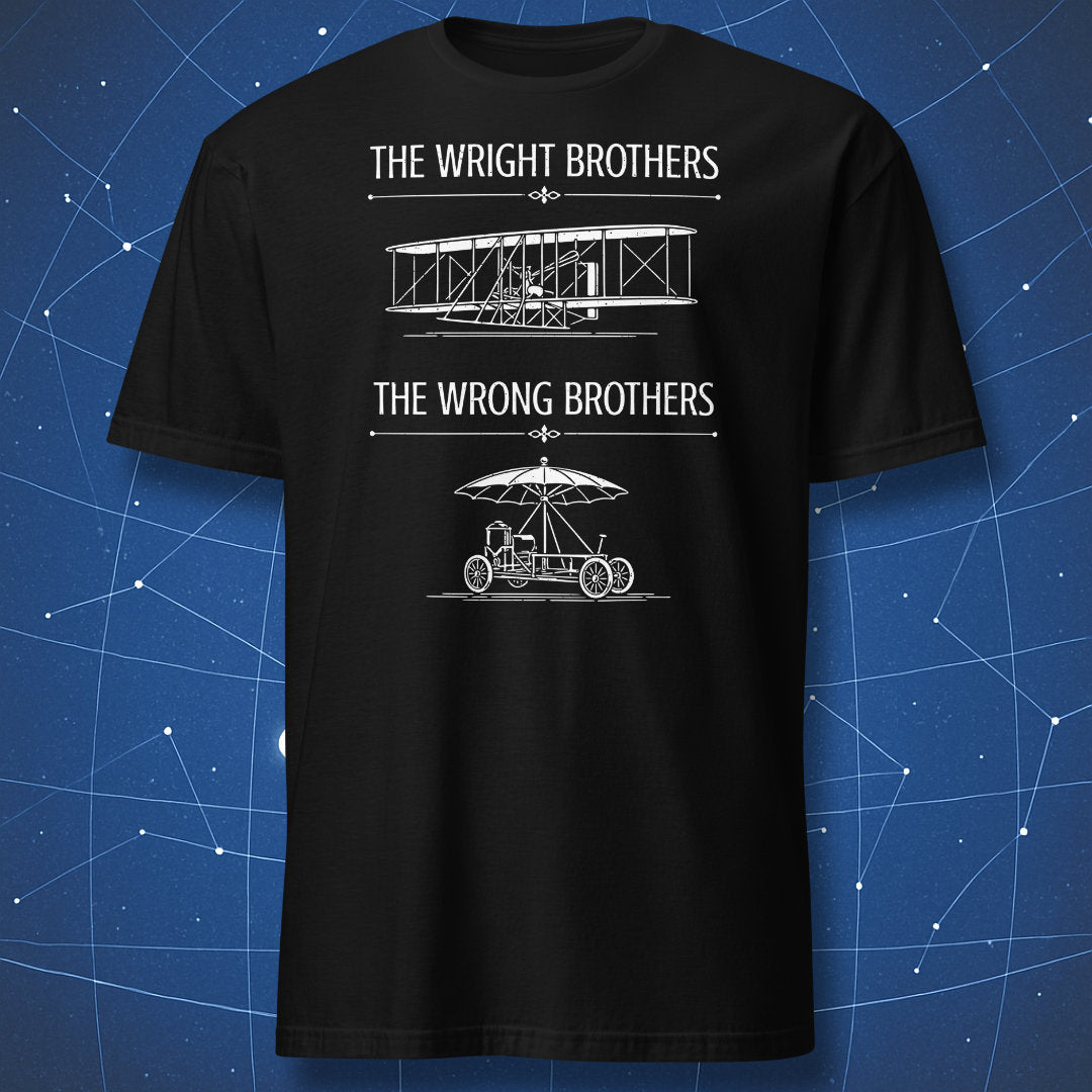 Black t-shirt featuring a vintage aviation parody design comparing the Wright Brothers airplane with the Wrong Brothers umbrella vehicle.