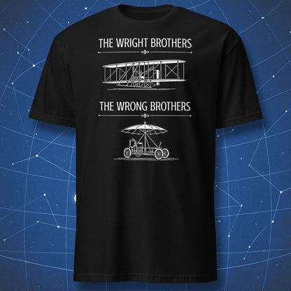 Black t-shirt featuring a vintage aviation parody design comparing the Wright Brothers airplane with the Wrong Brothers umbrella vehicle.