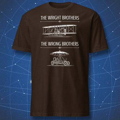 Dark chocolate brown t-shirt with a vintage-style Wright Brothers and Wrong Brothers aviation humor illustration.