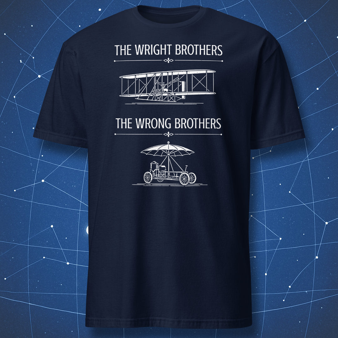 Navy blue t-shirt featuring a retro aviation parody graphic with the Wright Brothers plane and the Wrong Brothers umbrella machine.