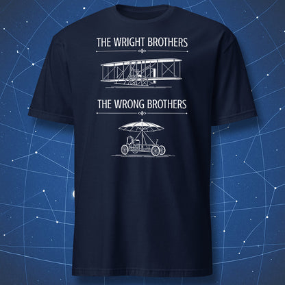 Navy blue t-shirt featuring a retro aviation parody graphic with the Wright Brothers plane and the Wrong Brothers umbrella machine.